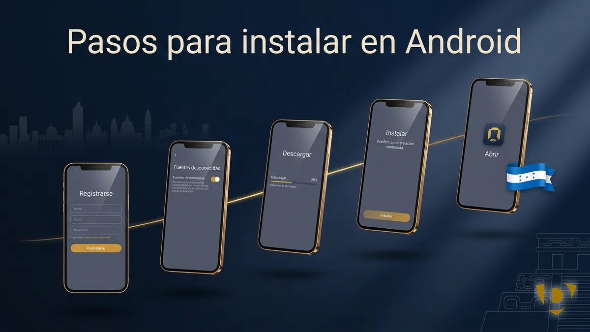 Secuencia de cinco pasos para instalar la app de Doradobet en un celular Android en Honduras