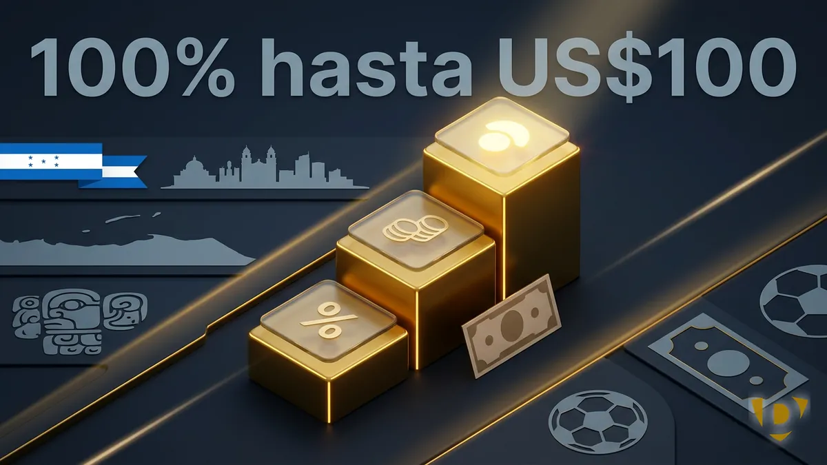 Escalera dorada de tres niveles que representa el bono de bienvenida 100% hasta US$100 de Doradobet Honduras