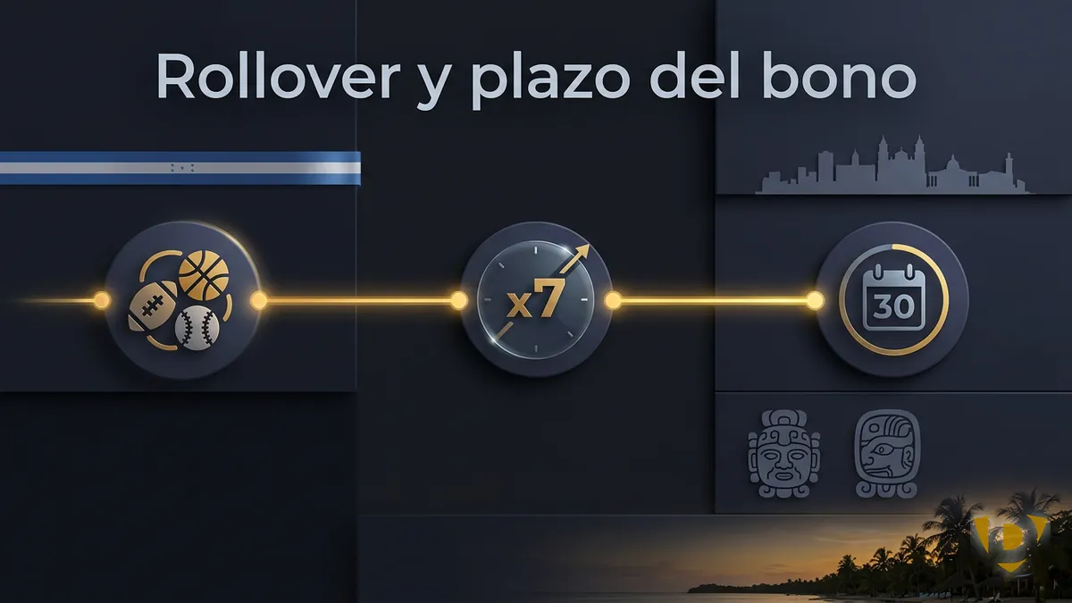 Línea de tiempo dorada que ilustra el rollover y el plazo de 30 días del bono de bienvenida de Doradobet Honduras