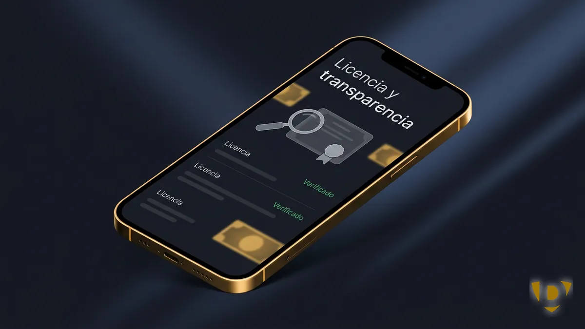 Mockup de teléfono mostrando verificación de licencia de Doradobet en Honduras sobre fondo dorado y azul tinta