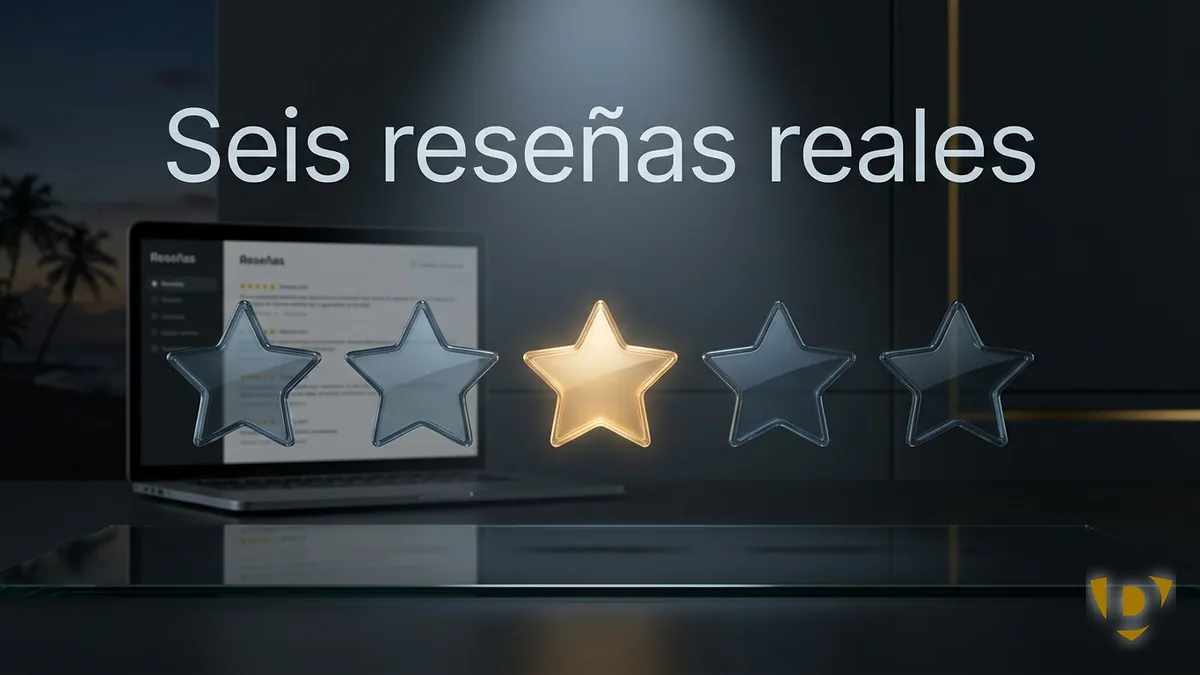 Cinco estrellas de vidrio representando la calificación de Doradobet en Trustpilot, con costa caribeña hondureña de fondo